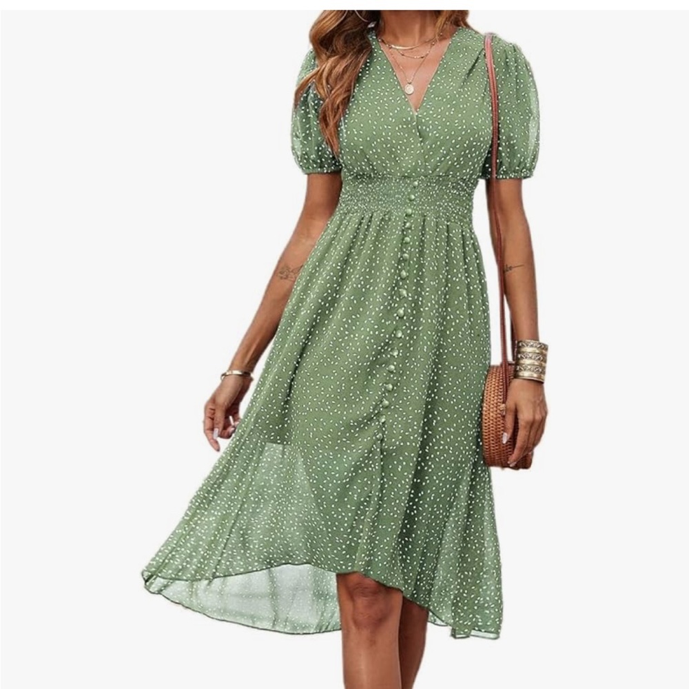 Green Floral Wrap V-neck Midi Dress